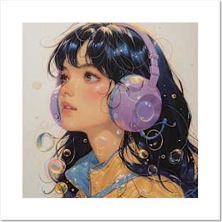 Anime Girl Listening To Music Retro Posters and Art